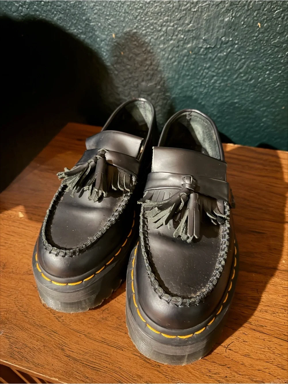 Dr. Martens Black Platform Tassel Loafers with Yellow Stitching